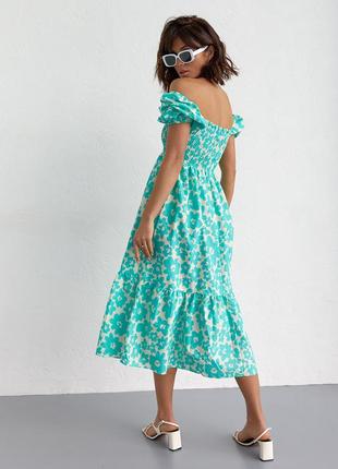 Платье в крупные цветы с открытыми плечами - изумрудный цвет, s (есть размеры)2 фото
