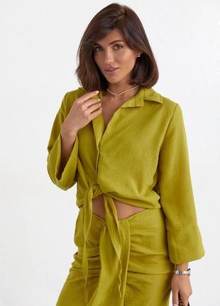 Летний юбочный костюм с блузой на завязках - горчичный цвет, l (есть размеры)2 фото