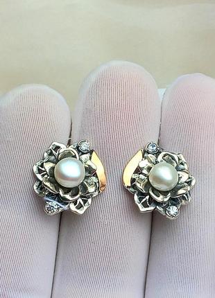 Цветок серьги серебро с золотом  жемчуг