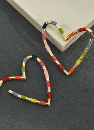 Красивые цветные серьги сердце радуга кольца, новые! арт. 53212 фото