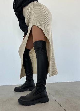 Натуральна шкіра чорні високі ботфорти на хутрі зимові осінні теплі на широку ніжку тягнуться чоботи жіночі5 фото