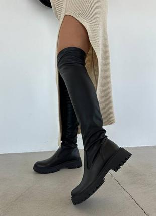 Натуральна шкіра чорні високі ботфорти на хутрі зимові осінні теплі на широку ніжку тягнуться чоботи жіночі4 фото