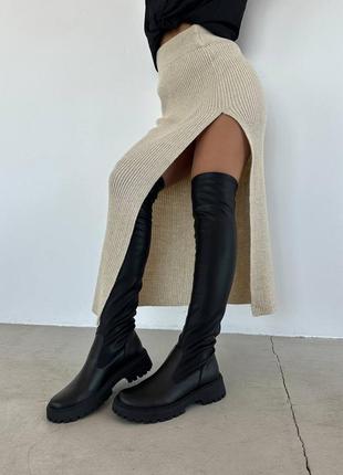 Натуральна шкіра чорні високі ботфорти на хутрі зимові осінні теплі на широку ніжку тягнуться чоботи жіночі3 фото