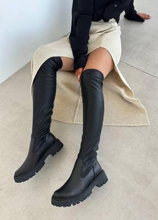 Натуральна шкіра чорні високі ботфорти на хутрі зимові осінні теплі на широку ніжку тягнуться чоботи жіночі7 фото
