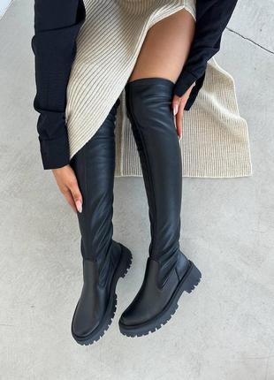 Натуральна шкіра чорні високі ботфорти на хутрі зимові осінні теплі на широку ніжку тягнуться чоботи жіночі9 фото