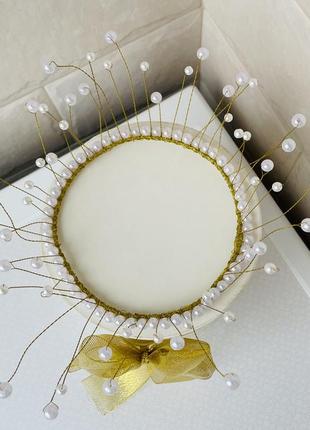 Корона кругла на торт бенто для торта біла золота золото жовта з перлинами4 фото