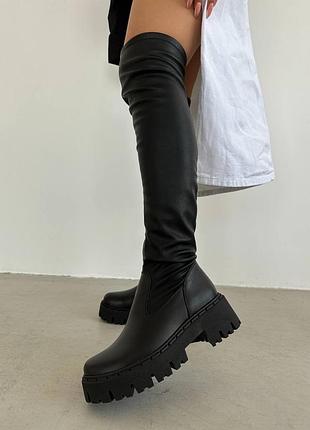 Кожаные натуральные ботфорты черные высокие на меху женские сапоги натуральная кожа зимние осенние на флисе