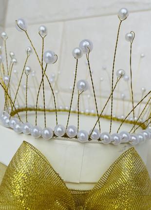 Корона круглая на голову золотая желтая белая с жемчугом жемчужинами снежинка снежная королева3 фото