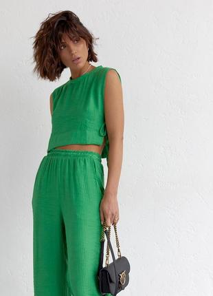 Летний женский костюм с брюками и топом с завязками - зеленый цвет, l (есть размеры)6 фото