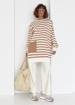 Туника женская в полоску с карманом - кофейный цвет, l (есть размеры)9 фото