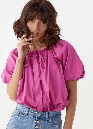 Блузка оверсайз с завязками и короткими рукавами - фуксия цвет, l (есть размеры)5 фото