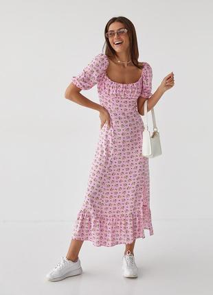 Длинное цветочное платье с оборкой hot fashion - розовый цвет, m (есть размеры)5 фото