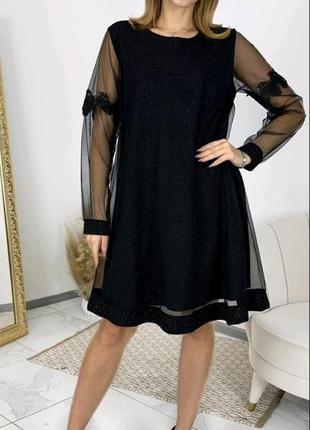 Платье вечернее черное из полуматовой сеточки 50-52 размера на трикотажной подкладке