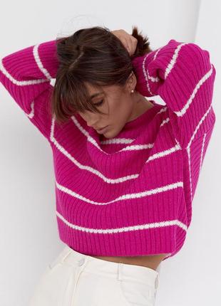 Жіночий в'язаний светр оверсайз у смужку — фуксія колір, l (є розміри)7 фото