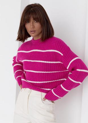 Жіночий в'язаний светр оверсайз у смужку — фуксія колір, l (є розміри)6 фото