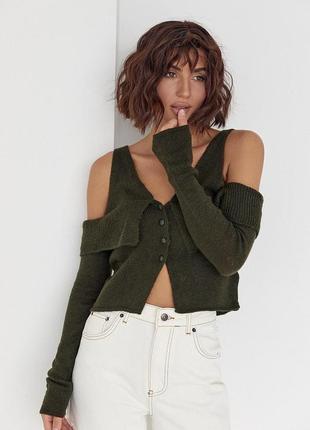 Вязаный пуловер на пуговицах с открытыми плечами - темно-зеленый цвет, l (есть размеры)8 фото