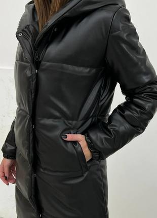 Зимняя куртка женская из экокожи, длинная, теплая, зефирка, черная, серая, бежевая курточка5 фото