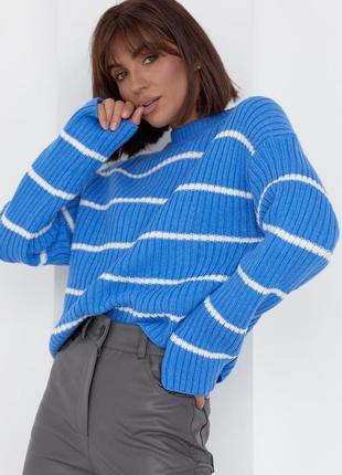 Жіночий в'язаний светр оверсайз у смужку — синій колір, l (є розміри)6 фото
