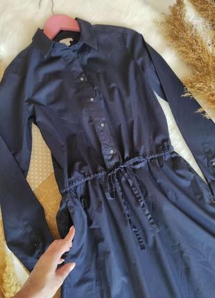 Темно синя бавовняна жіноча сукня-сорочка  комір стійка з гудзиками плаття з поясом3 фото