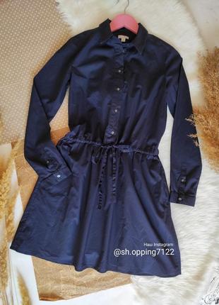 Темно синя бавовняна жіноча сукня-сорочка  комір стійка з гудзиками плаття з поясом2 фото