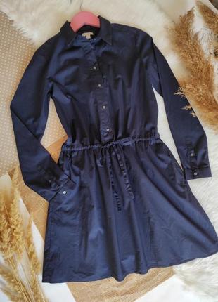 Темно синя бавовняна жіноча сукня-сорочка  комір стійка з гудзиками плаття з поясом4 фото