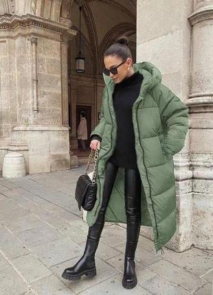 Женское зимнее длинное стеганое пальто с капюшоном размеры 42-488 фото