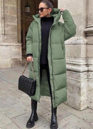 Женское зимнее длинное стеганое пальто с капюшоном размеры 42-486 фото