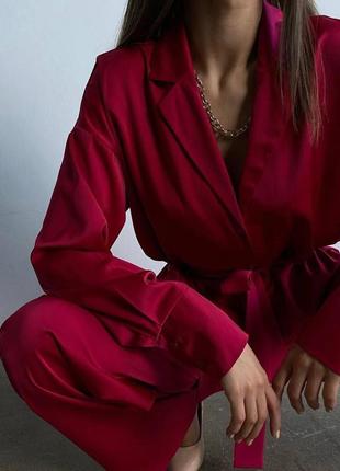 🎨 хаки, красный! шикарный шелковый брючный костюм красный красивый женский шелковый шелк3 фото
