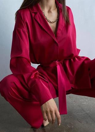 🎨 хаки, красный! шикарный шелковый брючный костюм красный красивый женский шелковый шелк5 фото