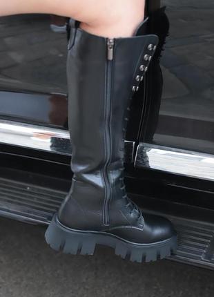Зимові жіночі шкіряні чоботи чорні високі черевики на шнурівці всередині шерсть євро m-374 фото