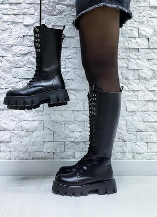 Зимові жіночі шкіряні чоботи чорні високі черевики на шнурівці всередині шерсть євро m-377 фото