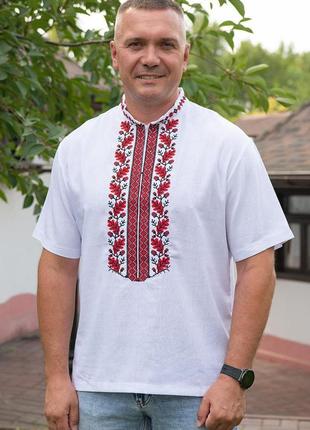 Белая льняная мужская вышиванка с красным  узором, рубашка украинская с коротким рукавом1 фото
