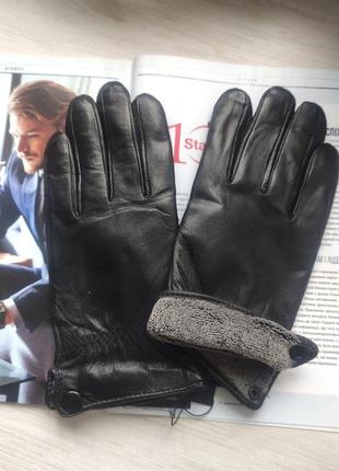 Мужские кожаные перчатки "lines" подкладка махра black1 фото