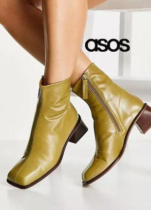Трендові шкіряні демісезонні напівчоботи ботильони оливкового кольору хакі чоботи черевики з квадратним носком asos 7 41 преміум клас design rebecca