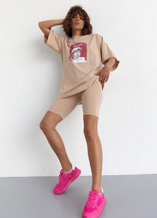 Женский костюм с футболкой oversize и велосипедками - кофейный цвет, l (есть размеры)1 фото
