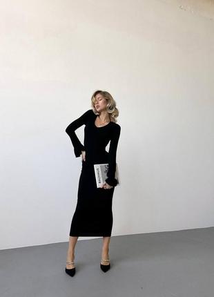 Платье миди однонтонное на длинный рукав с шнуровкой трендовая базовая черная коричневая9 фото