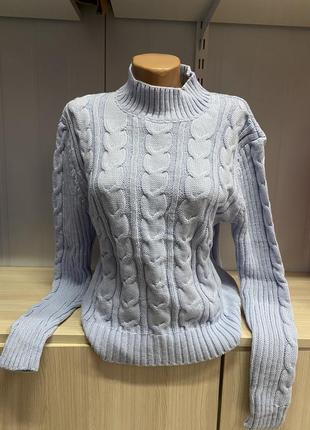 Нежный голубой вязаный свитер с горловиной стойка с узором 🥰🥰🥰2 фото