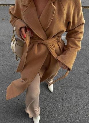 🎨3! зимове утеплене шикарне кашемірове пальто беж кемел карамельне женское кашемировое зимнее зима з прясом оверсайз3 фото