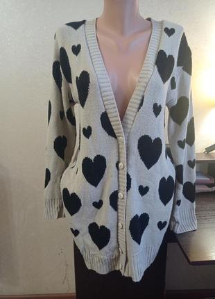 Тёплая удлиненная кофта,кардиган с сердечками.