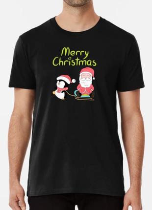 Чоловіча та жіноча новорічна футболка з принтом merry christmas пінгвін та cанта