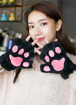 Милі теплі плюшеві рукавички мітенки котячі лапки з відкритими пальцями для квадробіки