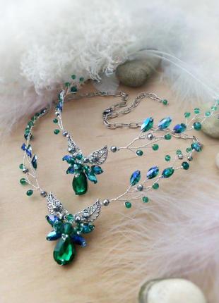Эльфийская ветка колье ав изумрудный синий зеленый косплей на шею тематическая...