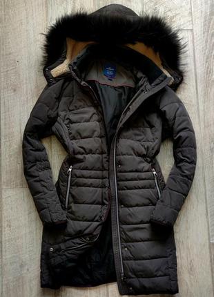 Жіноча тепла зимова курточка tam taylor з капюшоном з натуральним хутром у сірому кольорі розмір xl