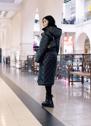 Пальто женское стеганое зимнее  теплое, с капюшоном, бренд, черное8 фото