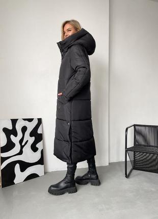 Длинная зимняя теплая куртка пальто с капюшоном в цветах8 фото