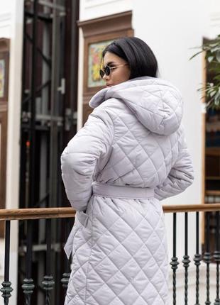 Пальто женское стеганое зимнее теплое, с капюшоном, бренд, серое7 фото