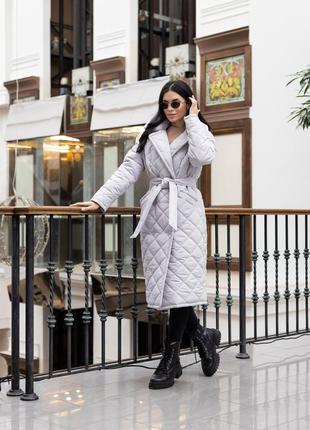 Пальто женское стеганое зимнее теплое, с капюшоном, бренд, серое4 фото