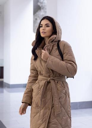 Пальто женское стеганое зимнее теплое, со съемным капюшоном, бренд, кэмел5 фото