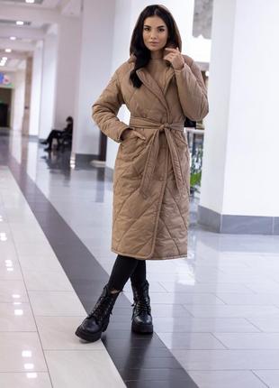 Пальто женское стеганое зимнее теплое, со съемным капюшоном, бренд, кэмел6 фото