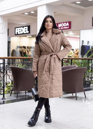Пальто женское стеганое зимнее теплое, со съемным капюшоном, бренд, кэмел7 фото